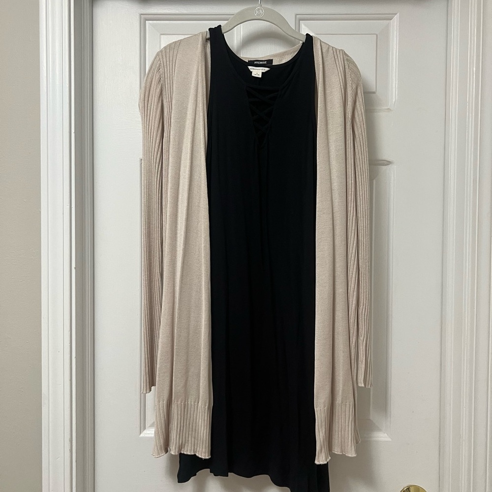 Tan Cardigan and Black Dress